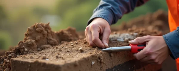 Géotechnicien examinant des couches de sol et des échantillons géologiques lors d'une étude géotechnique pour fondations de construction
