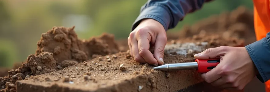 Géotechnicien examinant des couches de sol et des échantillons géologiques lors d'une étude géotechnique pour fondations de construction