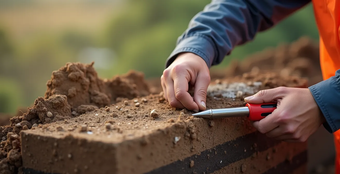 Géotechnicien examinant des couches de sol et des échantillons géologiques lors d'une étude géotechnique pour fondations de construction