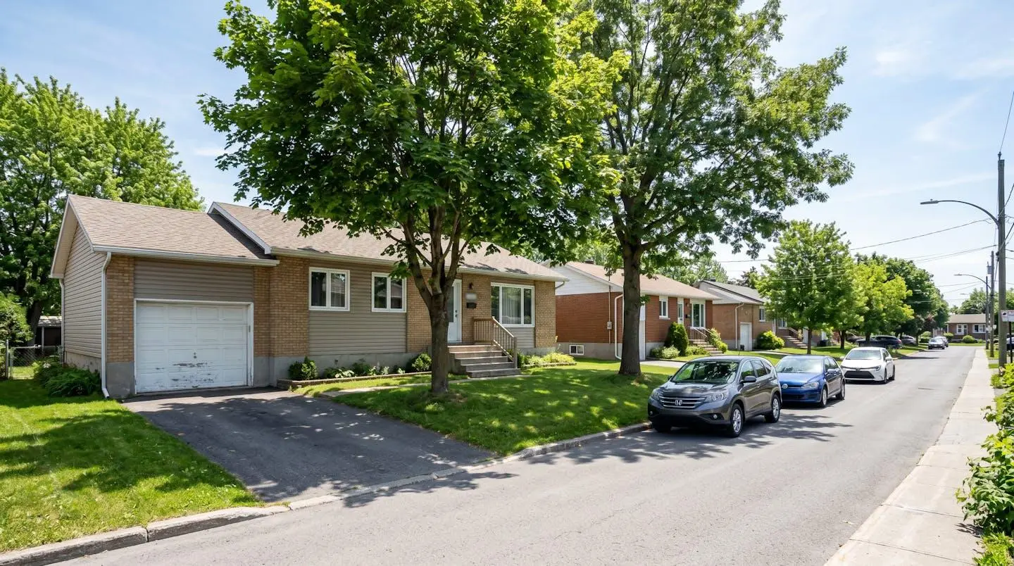 Façade extérieure d'un bungalow résidentiel typique des années 1970-1980 dans un quartier de Laval