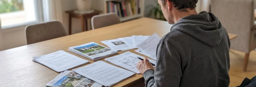 Une personne consulte des documents immobiliers et des photos de propriété étalés sur une table résidentielle, vue de dos