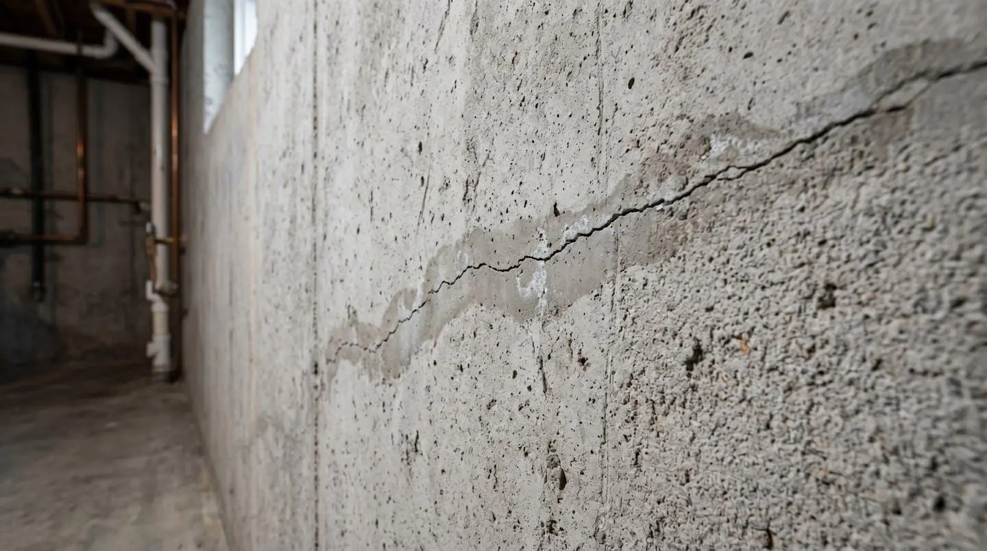 Gros plan d'une fissure capillaire sur un mur de fondation en béton avec légère trace d'humidité