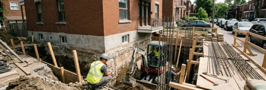 Chantier de travaux en sous-œuvre montréalais montrant un entrepreneur professionnel travaillant sur l'excavation d'un sous-sol résidentiel avec équipement spécialisé et fondations renforcées visibles