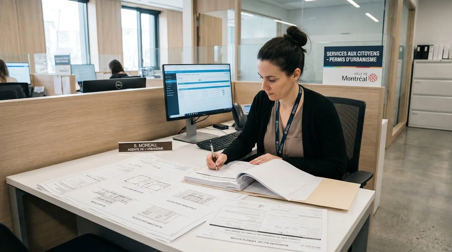 Employé municipal de Montréal examinant un dossier de demande de permis de construction avec plans architecturaux et documents officiels sur son bureau