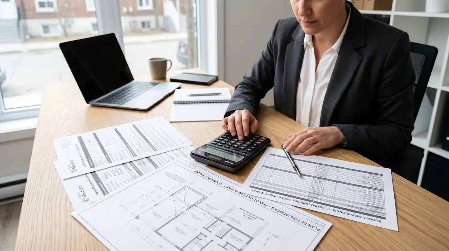 Espace de travail organisé pour planifier le budget des permis de construction avec calculatrice, documents de coûts et plans architecturaux